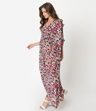 Load image into Gallery viewer, Unique Vintage 1970s Pink & Ivory Floral Chiffon Liz Caftan Dress