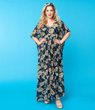 Load image into Gallery viewer, Unique Vintage 1970s Navy & Ivory Floral Chiffon Liz Caftan Dress