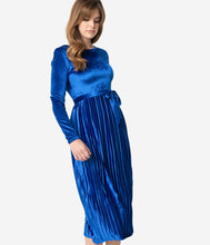 Load image into Gallery viewer, Retro Style Royal Blue Velvet Pleated Modest Midi Dress