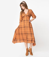 Load image into Gallery viewer, 1930s Style Orange & Black Plaid Cotton Sleeved Shirtdress
