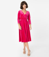 Load image into Gallery viewer, Vintage Style Fuchsia Pink Velvet Sleeved Midi Dress