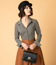 Load image into Gallery viewer, Vintage Style Black & Tan Houndstooth Long Sleeve Button Up Blouse