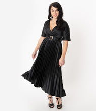 Load image into Gallery viewer, Vintage Style Black Pleated Satin Long Dress