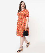 Load image into Gallery viewer, Plus Size Rust & Yellow Sunflower Print Stephanie Swing Dress