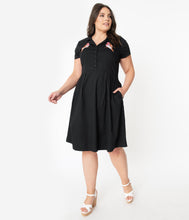 Load image into Gallery viewer, Plus Size Retro Style Black Embroidered Bird Collared Swing Dress