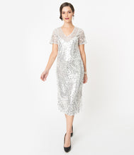 Load image into Gallery viewer, Off White & Silver Sequin Midi Shift Dress