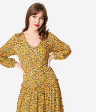 Load image into Gallery viewer, 1940s Style Mustard & Ivory Floral Midi Dress