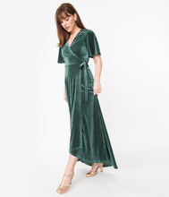 Load image into Gallery viewer, Sage Green Corduroy Velvet Maxi Wrap Dress
