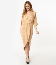 Load image into Gallery viewer, Retro Style Beige Ruched Wrap Front Dress