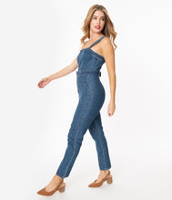 Load image into Gallery viewer, Medium Blue Denim Zip Front Belted Jumpsuit