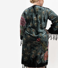 Load image into Gallery viewer, Vintage Style Green & Black Peacock Print Velvet Beaded Flapper Coat