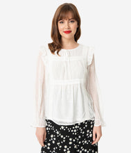 Load image into Gallery viewer, 1970s Style White Swiss Dot Ruffle Blouse
