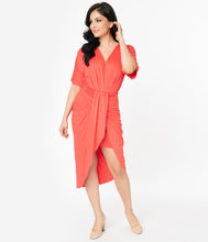 Load image into Gallery viewer, Retro Style Coral Short Sleeve Ruched Wrap Front Dress