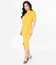 Load image into Gallery viewer, Retro Style Mustard Yellow Ruched Wrap Front Dress