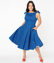 Load image into Gallery viewer, Plus Size 1950s Style Blue & Red Floral Jessica Swing Dress