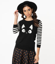 Load image into Gallery viewer, Black & White Stripe Knit Kitty Sweater