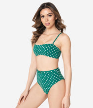 Load image into Gallery viewer, Emerald Green & White Polka Dot Belted High Waist Two Piece Swim Set