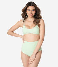 Load image into Gallery viewer, Light Green & White Striped Seersucker Two Piece Swim Set