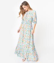 Load image into Gallery viewer, Retro Style Light Blue Floral Print Maxi Dress