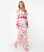 Load image into Gallery viewer, 1970s Ivory & Pink Watercolor Floral Print Belted Maxi Dress