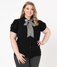 Load image into Gallery viewer, Hell Bunny Plus Size 1950s Black & Stripe Bow Skelli Blouse