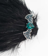 Load image into Gallery viewer, Black Feather & Teal Gemstone Bat Hair Clip