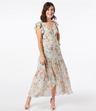 Load image into Gallery viewer, 1920s Style Sage Floral Ruffle Maxi Day Dress