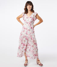 Load image into Gallery viewer, 1920s Style Ivory & Purple Floral Ruffle Maxi Day Dress