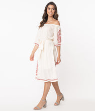 Load image into Gallery viewer, Retro Style Cream Embroidered Off Shoulder Midi Dress