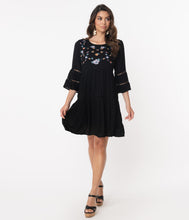 Load image into Gallery viewer, Retro Style Black Embroidered Casual Dress