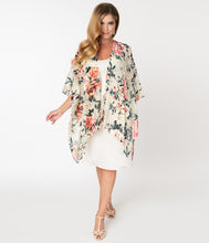 Load image into Gallery viewer, 1920s Style Beige & Pink Floral Devore Velvet Kimono