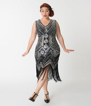 Load image into Gallery viewer, Unique Vintage Plus Size 1920s Deco Silver & Black Veronique Fringe Flapper Dress