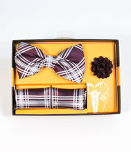 Load image into Gallery viewer, Dark Purple & White Plaid Bow Tie & Lapel Pin Set
