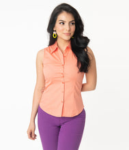 Load image into Gallery viewer, Orange Coral Sleeveless Collared Cotton Button Up Blouse