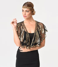 Load image into Gallery viewer, Unique Vintage 1920s Black Mesh & Gold Sequin Flapper Capelet
