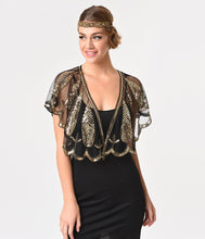 Load image into Gallery viewer, Unique Vintage 1920s Black Mesh & Gold Sequin Flapper Capelet