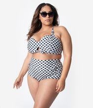 Load image into Gallery viewer, Unique Vintage Plus Size 1950s Style Mrs. West Black & White Gingham Halter Swim Top