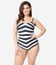 Load image into Gallery viewer, Barbie x Unique Vintage Plus Size Black & White Chevron Stripe One Piece Bathing Suit