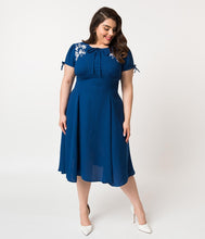 Load image into Gallery viewer, Plus Size 1940s Style Royal Blue & White Embroidered Floral Ava Swing Dress