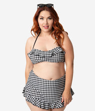 Load image into Gallery viewer, Girl Howdy Plus Size Retro Style Black & White Gingham Ruffle Bandeau Swim Top