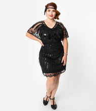 Load image into Gallery viewer, Unique Vintage Plus Size Black Beaded Angel Sleeve Oxsana Flapper Dress