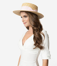 Load image into Gallery viewer, Vintage Style Pink Ribbon Straw Boater Hat