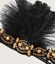 Load image into Gallery viewer, Unique Vintage Black Feather & Gold Beaded Fringe Flapper Headband