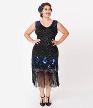 Load image into Gallery viewer, Unique Vintage Plus Size Black & Blue Sequin Lina Fringe Flapper Dress