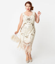 Load image into Gallery viewer, Unique Vintage Plus Size Cream & Gold Sequin Fringe Cremieux Flapper Dress