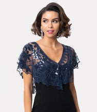 Load image into Gallery viewer, Unique Vintage 1920s Navy Mesh & Sequin Beaded Capelet