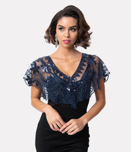 Load image into Gallery viewer, Unique Vintage 1920s Navy Mesh & Sequin Beaded Capelet