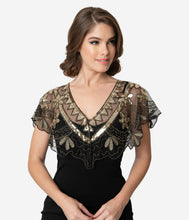 Load image into Gallery viewer, Unique Vintage 1920s Black Mesh & Golden Sequin Beaded Capelet