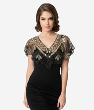 Load image into Gallery viewer, Unique Vintage 1920s Black Mesh & Golden Sequin Beaded Capelet