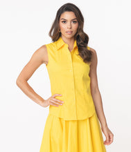 Load image into Gallery viewer, Yellow Sleeveless Collared Cotton Button Up Blouse
